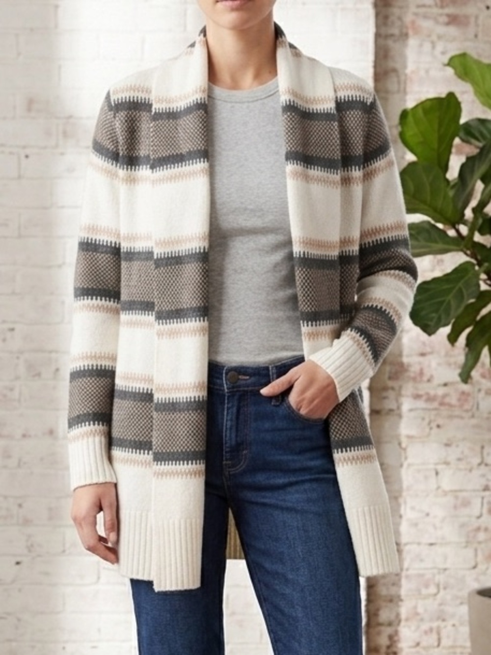 Old Navy Cream, Gray & Tan Striped Hooded Open Cardigan